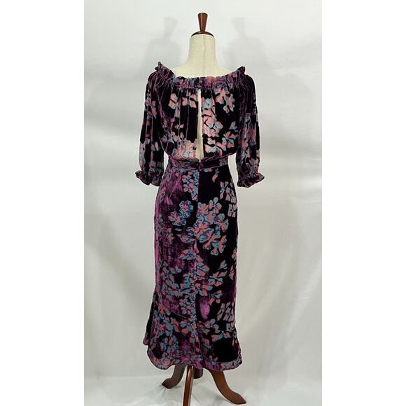 SALONI Sz 2 US 6 UK Plum Purple Floral Grace Off The Shoulder Dress - Picture 4 of 10
